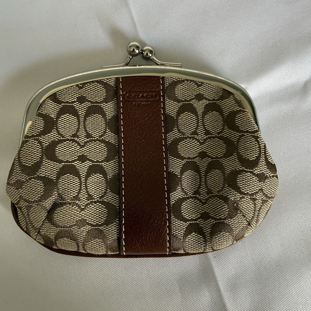 Vintage Coach Kisslock Change Purse Coin Pouch Wallet Brown Signature Canvas New - Picture 1 of 10